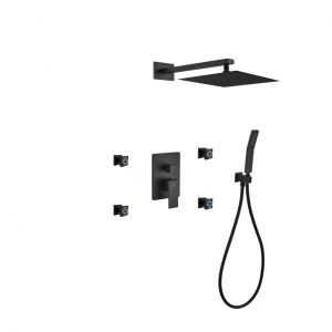 Aqua Piazza Matte Black Shower Set with 12" Square Rain Shower, Handheld and 4 Body Jets