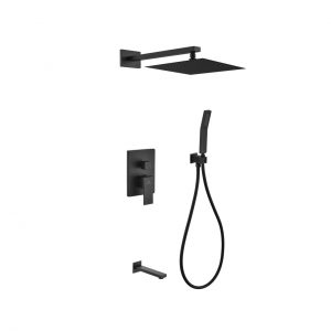 Aqua Piazza Matte Black Shower Set with 12" Square Rain Shower, Handheld and Tub Filler