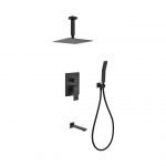 Aqua Piazza Matte Black Shower Set with 8" Ceiling Mount Square Rain Shower, Handheld and Tub Filler