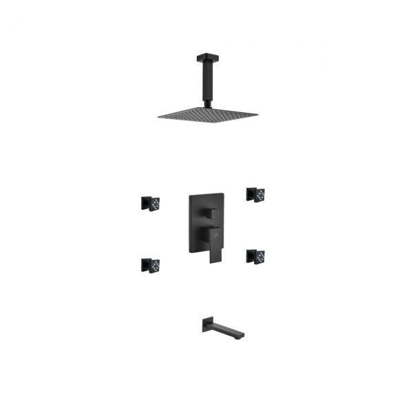 Aqua Piazza Matte Black Shower Set With 8 Ceiling Mount Square