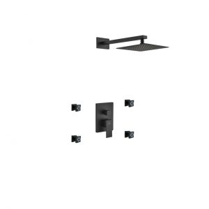 Aqua Piazza Matte Black Shower Set with 8" Square Rain Shower and 4 Body Jets