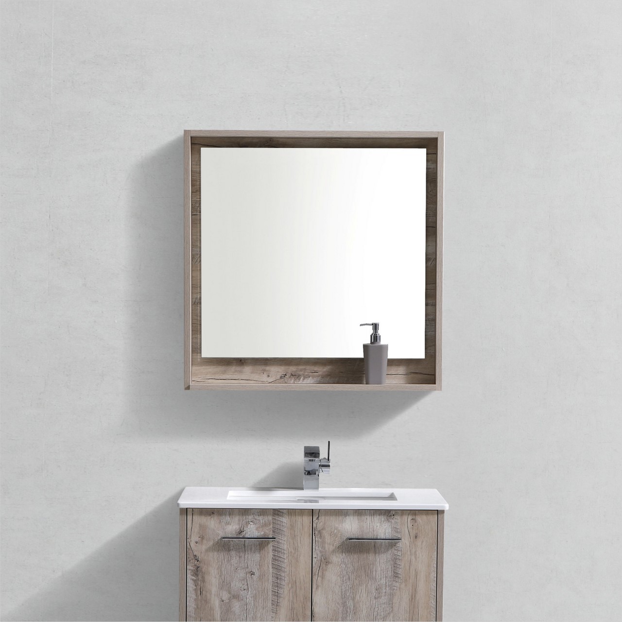 Bosco 30" Framed Mirror With Shelve - Nature Wood Finish