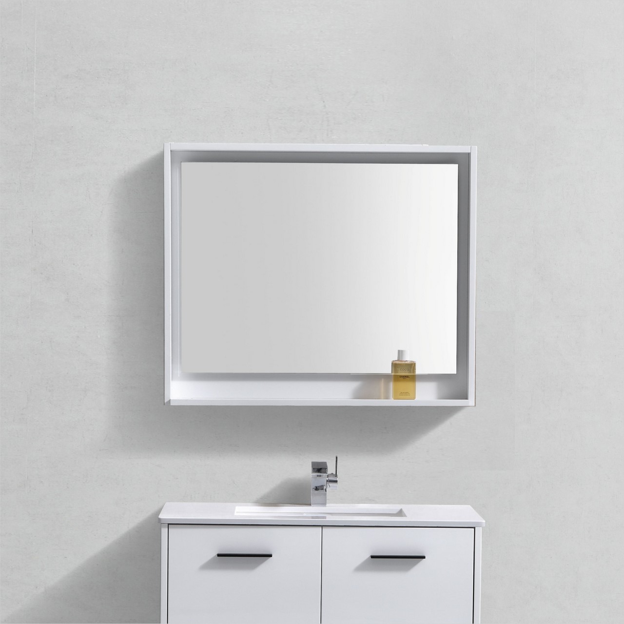 Bosco 36" Framed Mirror With Shelve - Gloss White Finish