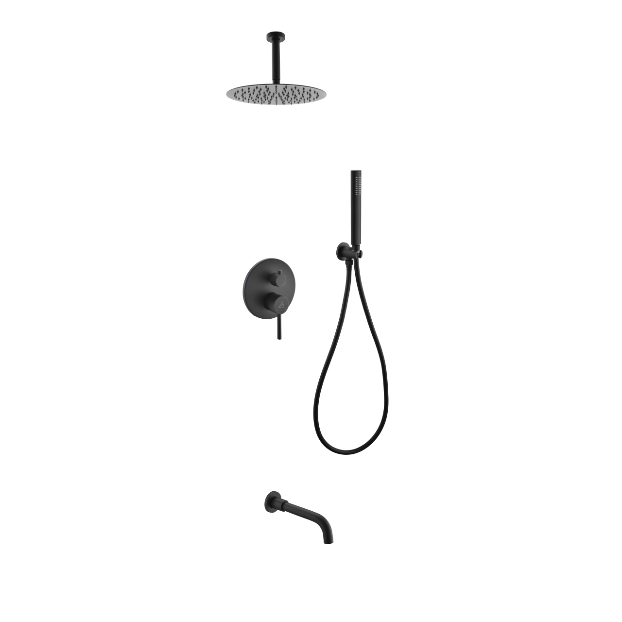 Aqua Rondo Black Shower Set W/ Ceiling Mount 12″ Rain Shower, Handheld and Tub Filler