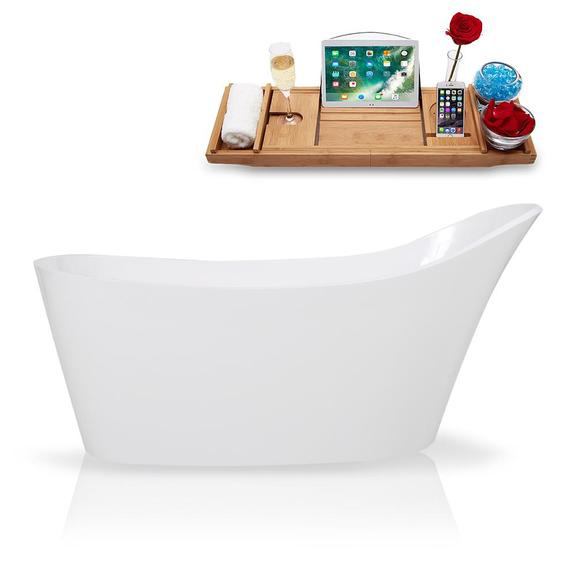 65" Solid Surface Resin Soaking Freestanding Tub and Tray with Internal Drain