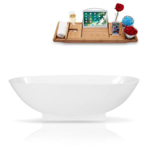 68" Solid Surface Resin Soaking Freestanding Tub and Tray with Internal Drain