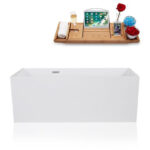 59" Solid Surface Resin Soaking Freestanding Tub and Tray with Internal Drain