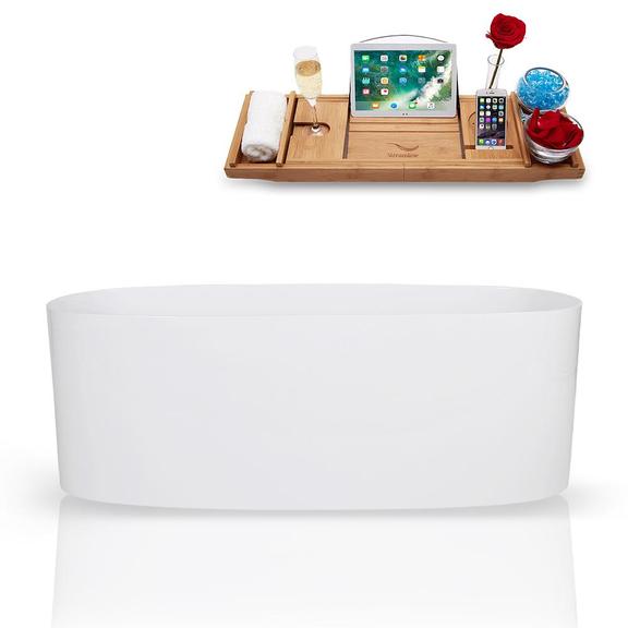 63" Solid Surface Resin Soaking Freestanding Tub and Tray with Internal Drain