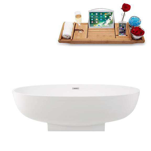67" Solid Surface Resin Soaking Freestanding Tub and Tray with Internal Drain