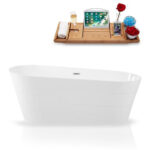 59" Solid Surface Resin Soaking Freestanding Tub and Tray with Internal Drain
