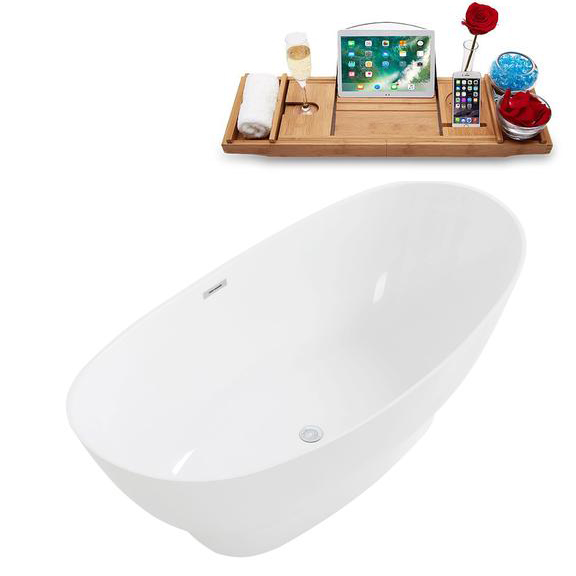 63" Solid Surface Resin Soaking Freestanding Tub and Tray with Internal Drain