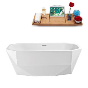 63" Edge Soaking Freestanding Tub and Tray With Internal Drain